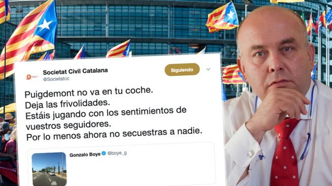 Gonzalo Boye, abogado de Carles Puigdemont, y una de las respuestas de Societat Civil Catalana a uno de sus tuits.