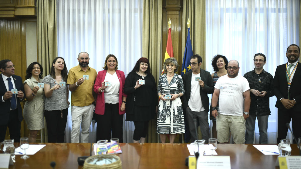 La ministra de Sanidad en funciones, María Luisa Carcedo (centro de la imagen), durante su reunión con los colectivos LGTBI y entidades de VIH y sida para coordinar la distribución de preservativos dentro de la campaña #SiemprePreservativo. (Foto: Europa Press)