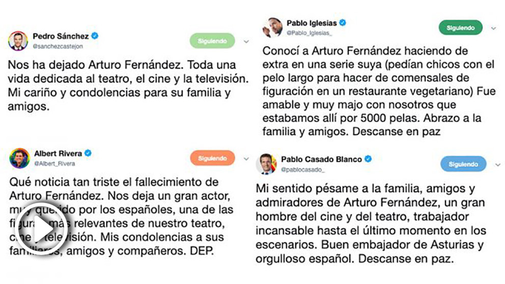 Tuits de los políticos en homenaje a Arturo Fernández tras su fallecimiento.