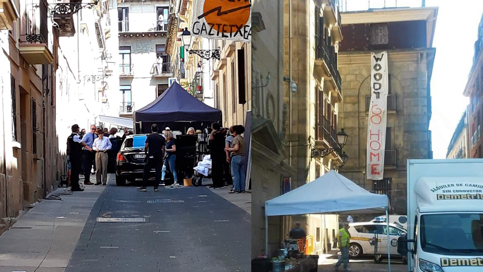 A la izquierda, Woody Allen en el set de rodaje en San Sebastián. A la derecha, la pancarta colgada en las inmediaciones: «Woody vete a casa» se puede leer en inglés.