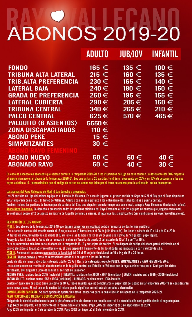 Precio abonos Rayo Vallecano temporada 2019/2020