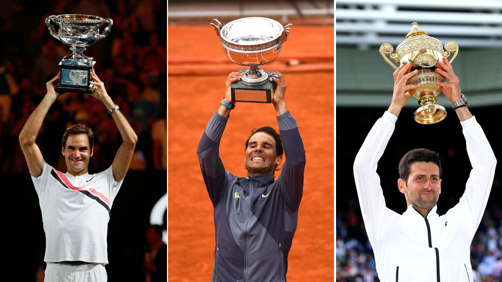 Federer-en-Australia-2018;-Nadal-en-París-y-Djokovic-en-Londres,-este-año,-en-sus-más-recientes-éxitos-en-Grand-Slams (Getty)