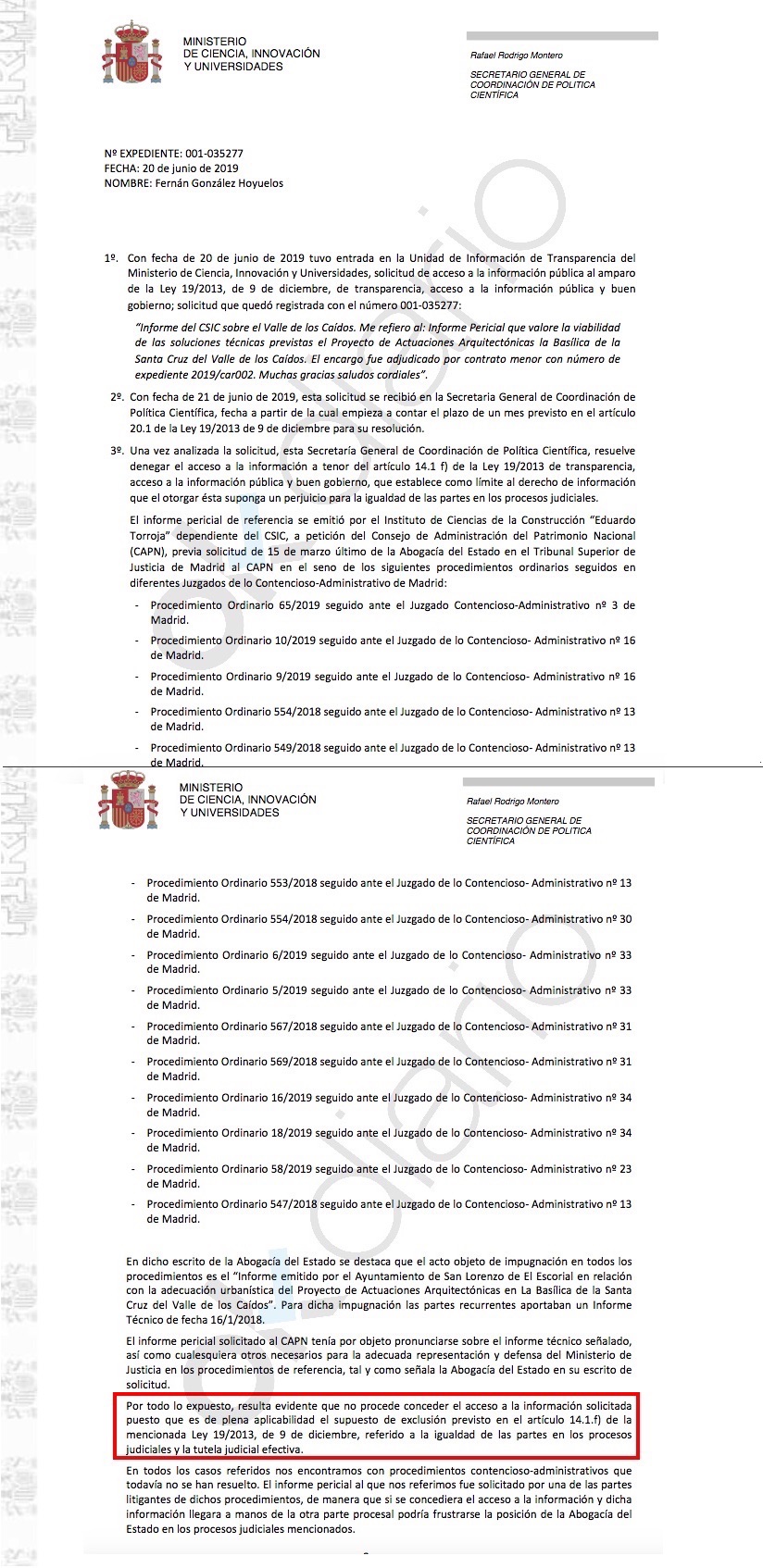 Documento remitido a OKDIARIO sobre la exhumación de Franco. (Clic para ampliar)