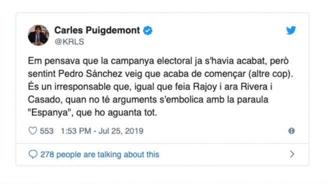 Puigdemont califica a Sánchez de «irresponsable» por su investidura fallida