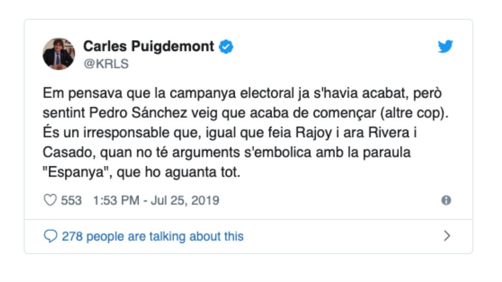 Tuit de Carles Puigdemont