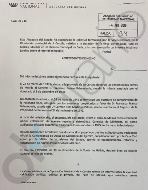 Sánchez oculta un informe de la Abogacía del Estado que tumba la reclamación del Pazo de Meirás a los Franco