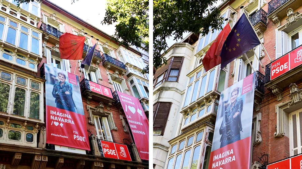 Los fotos de la fachada de la sede del PSOE en Navarra sin la bandera de España