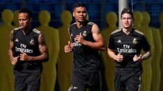 James, en el entrenamiento del Madrid de este lunes. (Realmadrid.com)