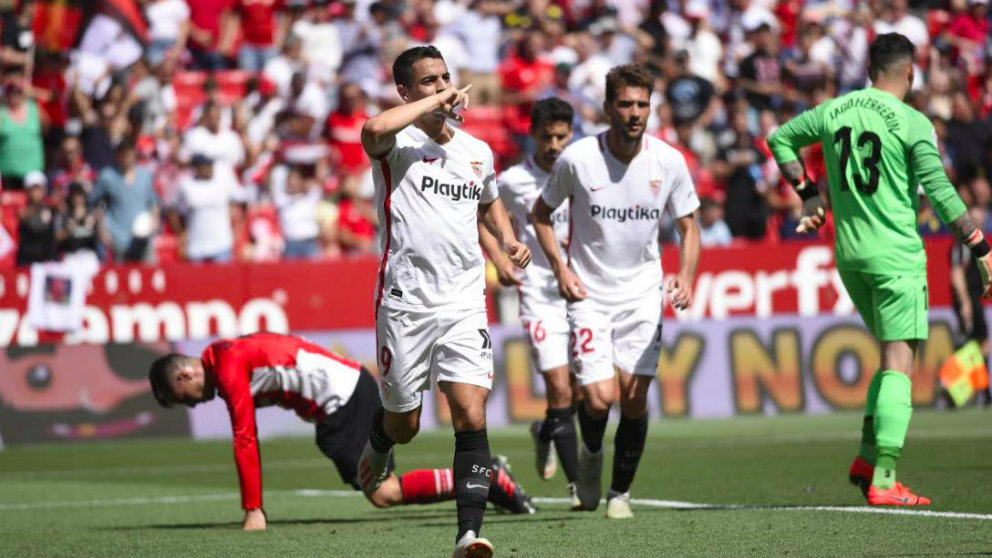 Wissam Ben Yedder celebra un gol anotado ante el Sevilla (@WissBenYedder)