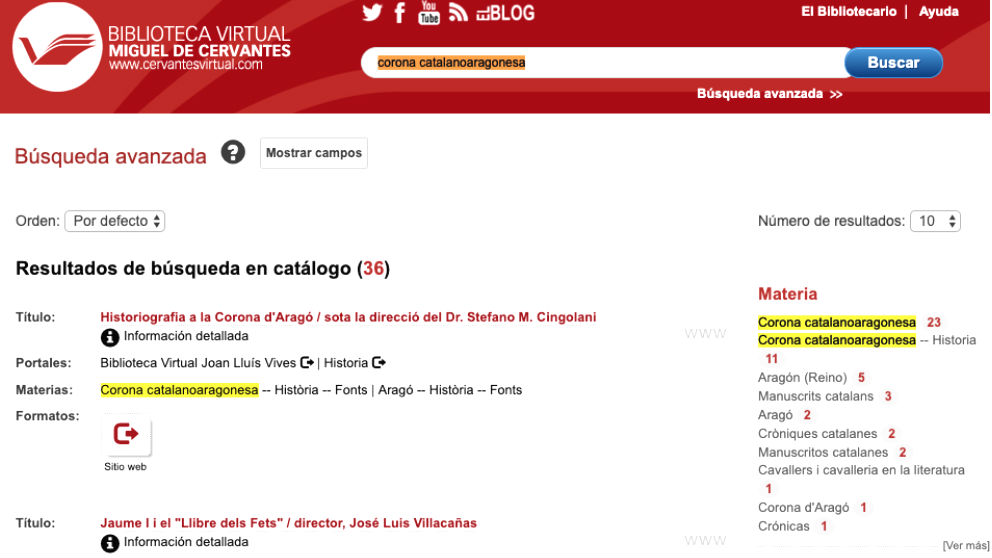 La biblioteca virtual de Miguel de Cervantes con las búsquedas de «Corona catalanoaragonesa».