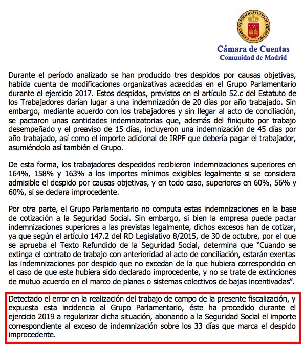 Extracto del informe de la Cámara de Cuentas sobre los despidos de Podemos. (Clic para ampliar)