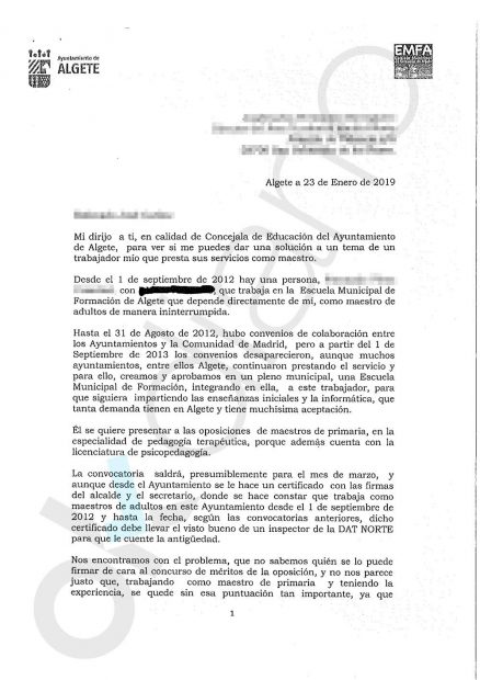 Carta de la edil Expósito de Frutos dirigida al alto cargo de la Consejería de Educación