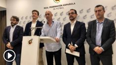 Luis Rubiales en la comparecencia de prensa tras conocer la decisión del juez en el ‘caso horarios’. (@rfef)