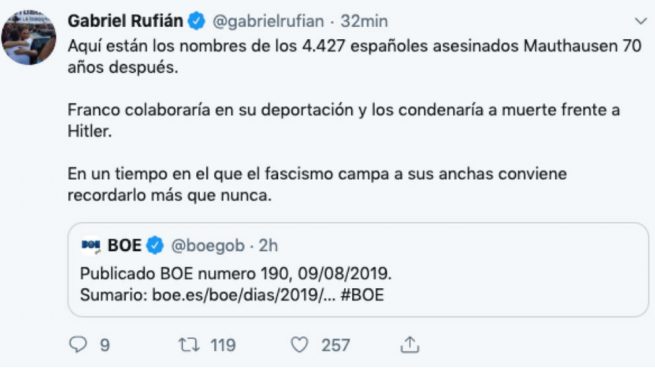 Rufián compara al «fascismo actual» con el de Hitler y el genocidio de Mauthausen