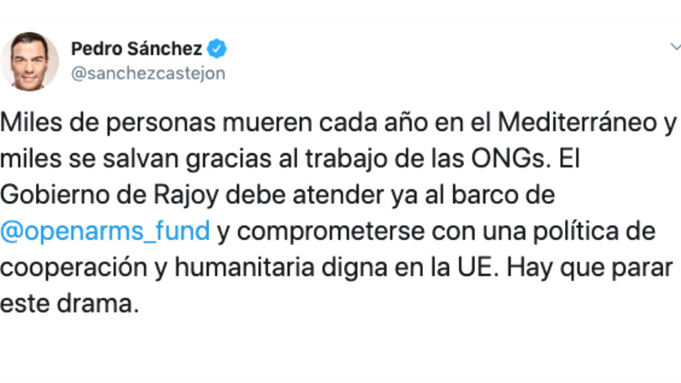 El tuit de Pedro Sánchez de abril de 2018.