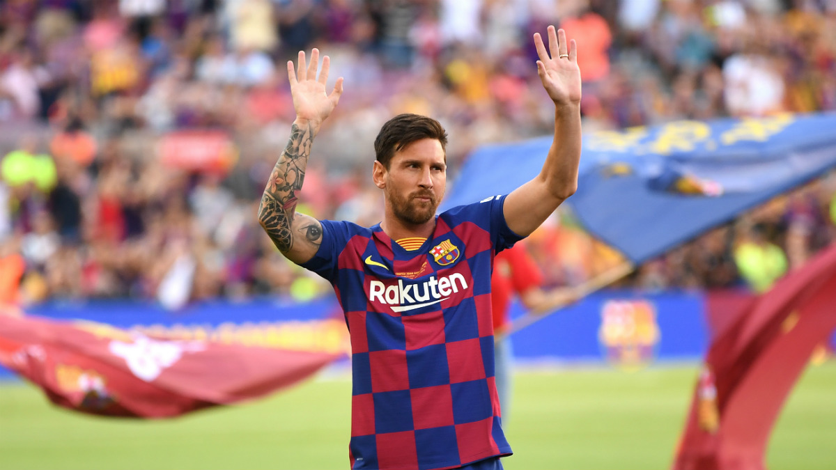 Messi, en su presentación con el Barcelona (Getty).