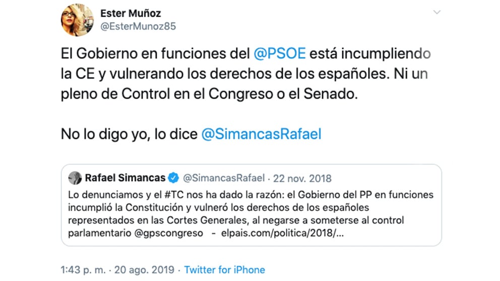 El zasca de Ester Muñoz a Rafael Simancas en Twitter.