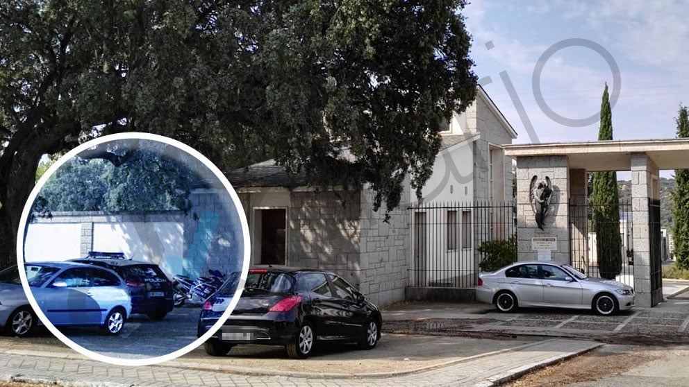 Un coche patrulla de la Policía Nacional vigilando la entrada al cementerio de Mingorrubio, en El Pardo (Madrid).