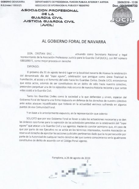 La Guardia Civil denunciará a Chivite si consiente la ‘fiesta del odio’ de Alsasua