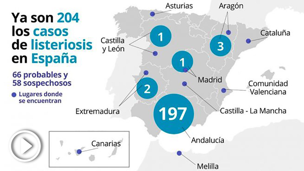 Mapa con los casos de listeriosis en España realizado por Europa Press con datos del Ministerio de Salud. Foto: EP