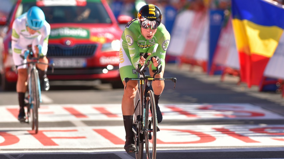 Roglic llega a la meta de Pau. (AFP)