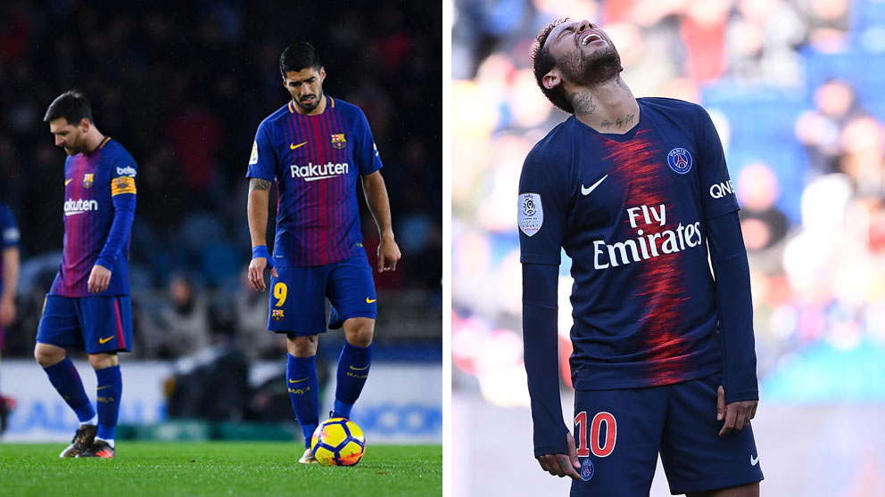 A la izquierda, Messi y Suárez tras una derrota y, a la derecha, Neymar (Getty-y-AFP)