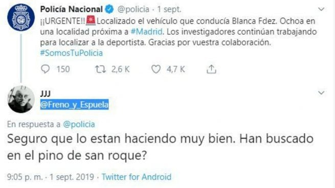 El citado tuit avisando a la Policía