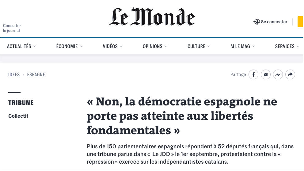 El PP responde en ‘Le Monde’ a los diputados franceses que acusan a España de reprimir a los electos catalanes