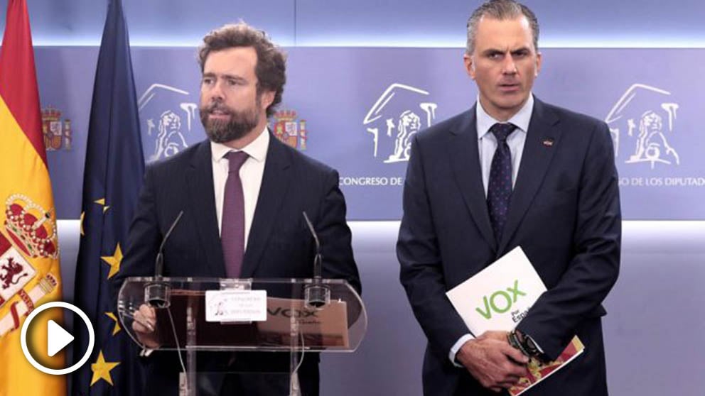 Iván Espinosa de los Monteros y Javier Ortega Smith, de Vox, en una rueda de prensa en el Congreso de los Diputados. Foto: EP