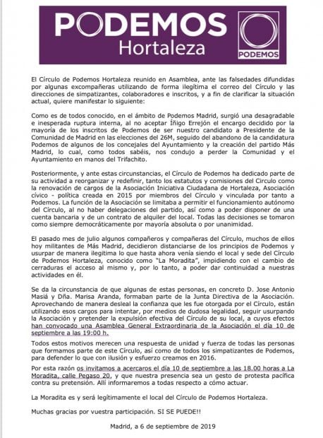 Comunicado del círculo de Podemos