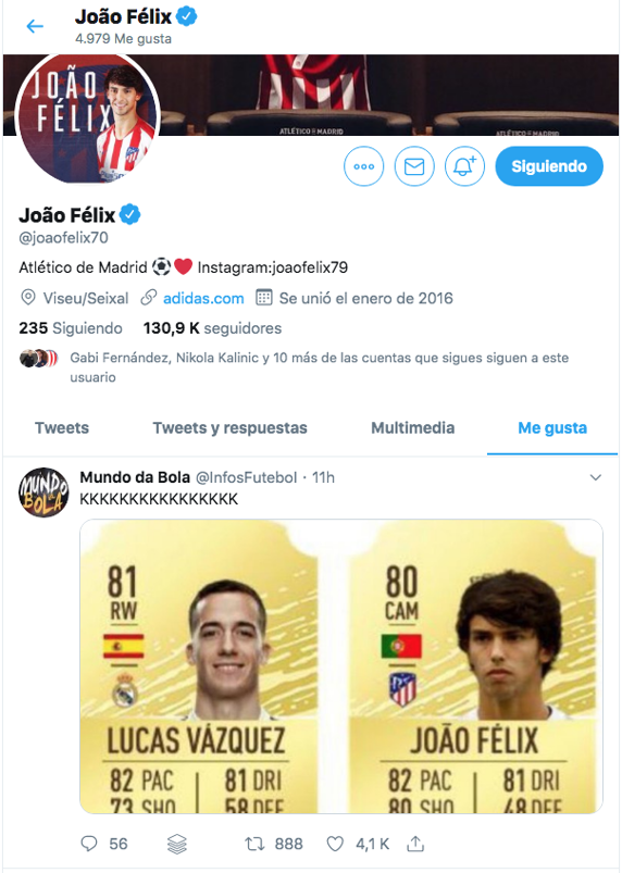 Comparativa de la media de Lucas Vázquez y la de Joao Félix en el Fifa 20
