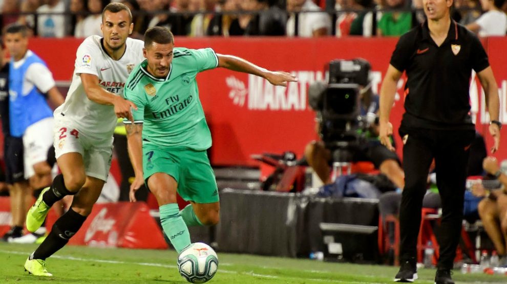 Hazard, en el partido del Real Madrid en el Pizjuán. (EFE)