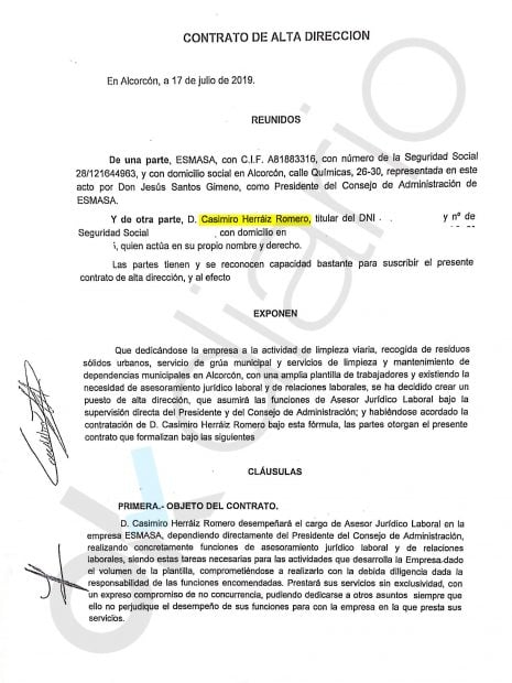 Contrato entre EMASA y el abogado del vicealcalde de Alcarcón