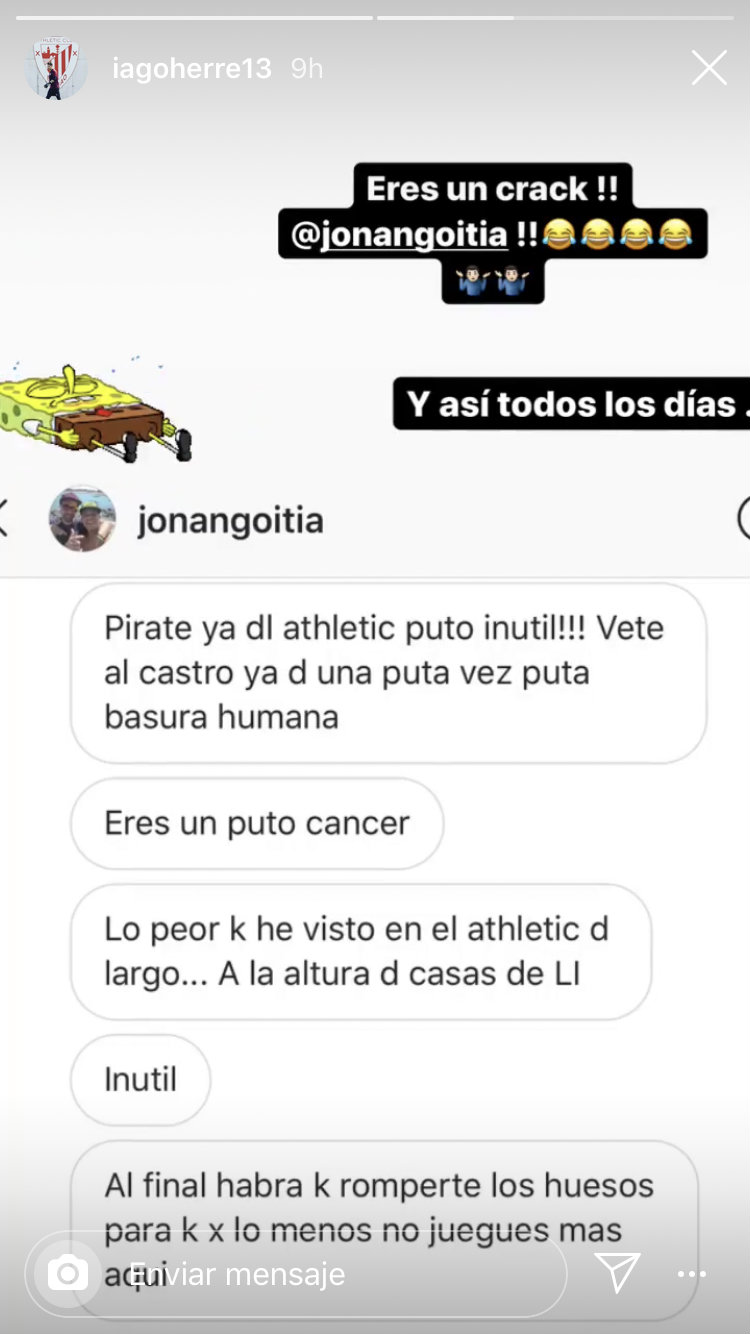 Un aficionado insulta a Iago Herrerín en Instagram