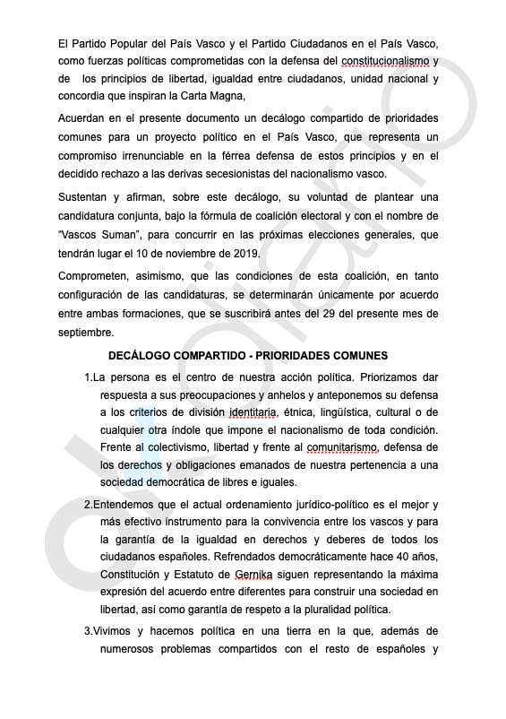 Éste es el documento en el que PP y C’s acordaron la coalición “Vascos suman” que luego paró Rivera