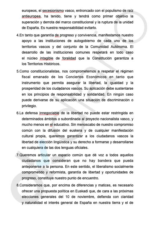 Éste es el documento en el que PP y C’s acordaron la coalición “Vascos suman” que luego paró Rivera
