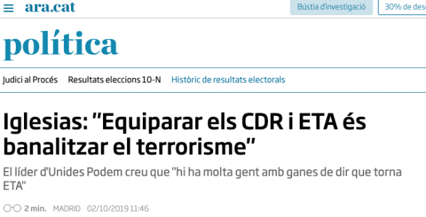 El separatismo jalea a Iglesias por dudar de la Guardia Civil y no condenar a los terroristas CDR