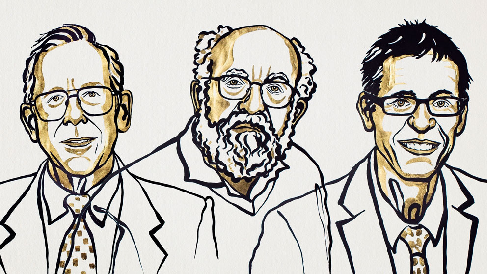 James Peebles, Michel Mayor y Didier Queloz, ganadores del Nobel de Física 2019 en la clásica ilustración que acompaña al anuncio del fallo del jurado.