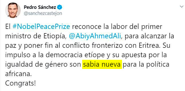 Tuit de Pedro Sánchez con una falta de ortografía