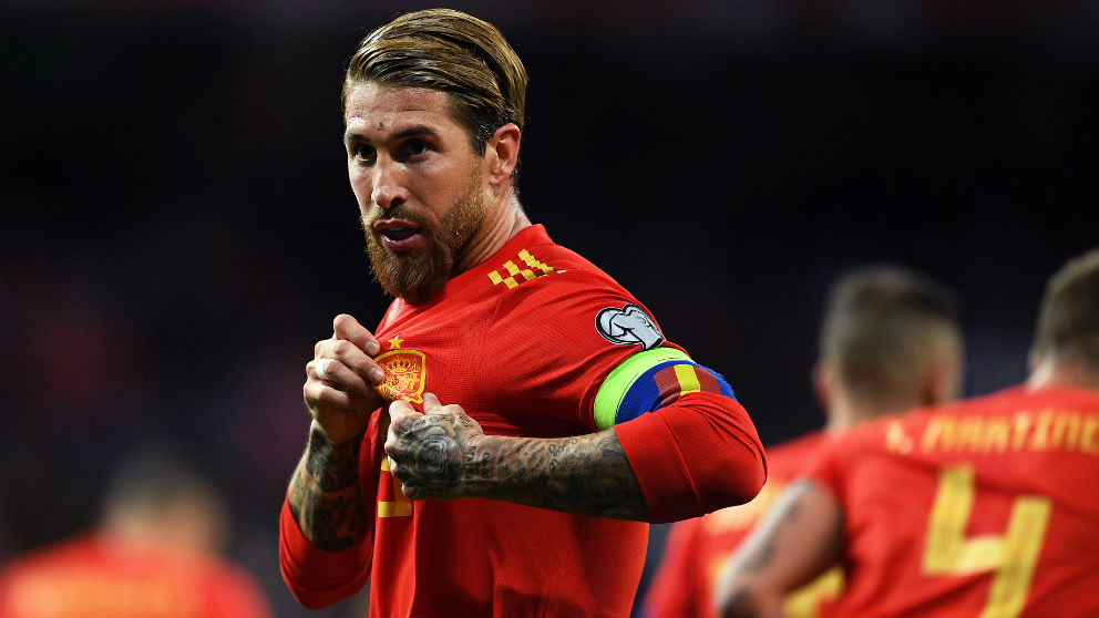 Sergio Ramos celebra un gol en el España-Suecia. (Getty)