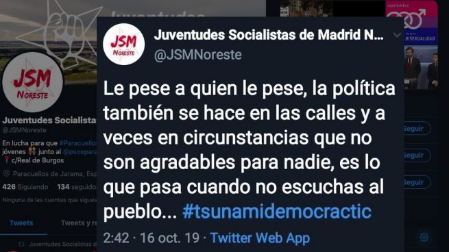 Tuit de Juventudes Socialistas Madrid Noreste.