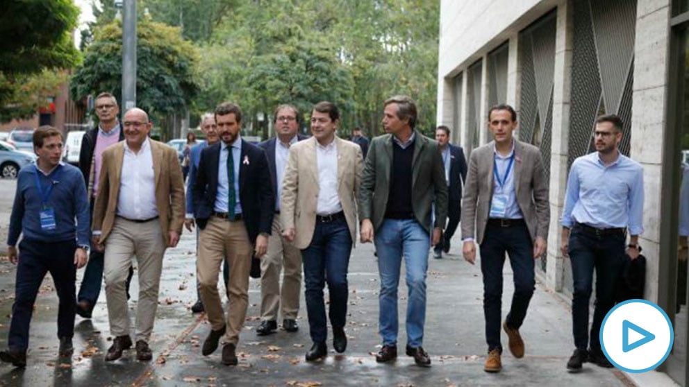 El presidente del PP, Pablo Casado, y otros líderes del PP hoy en Valladolid. (Ep)