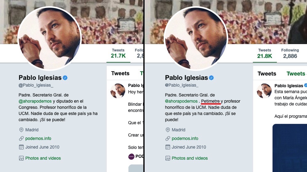 Cambio en la biografia de Twitter de Pablo Iglesias.