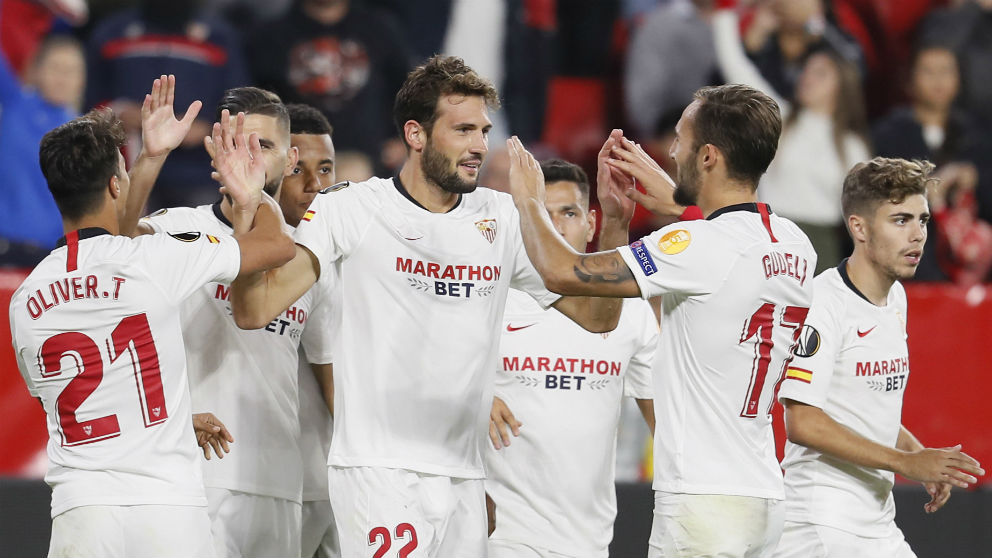 El Sevilla celebra un gol en la Europa League. (EFE)