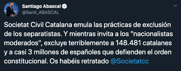 Abascal contesta a Sociedad Civil Catalana por excluirles de su manifestación del domingo