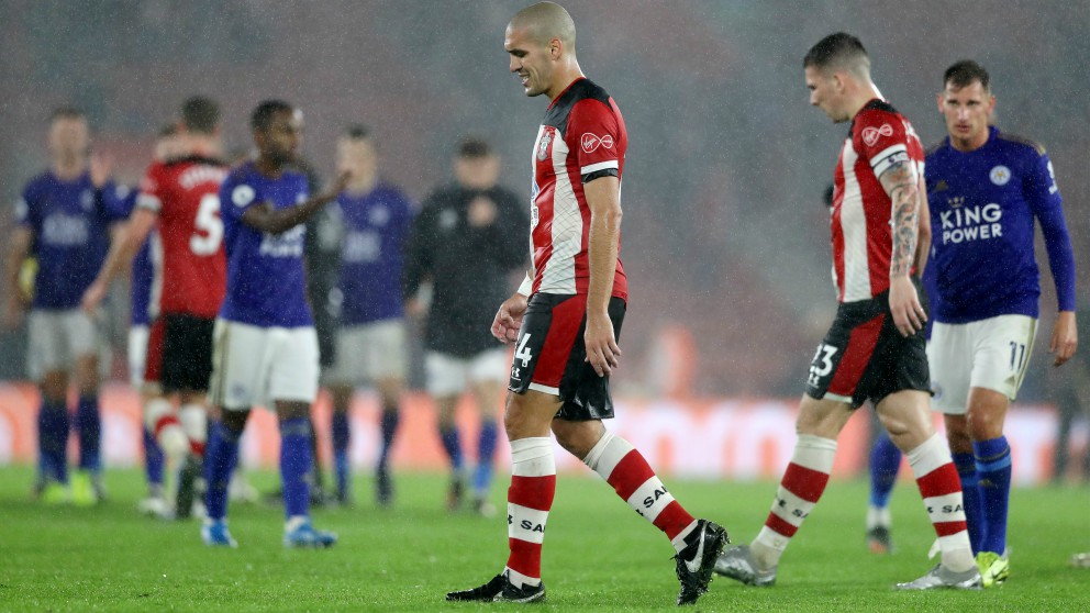 Los Southampton tras la goleada sufrida ante el Leicester. (Getty)