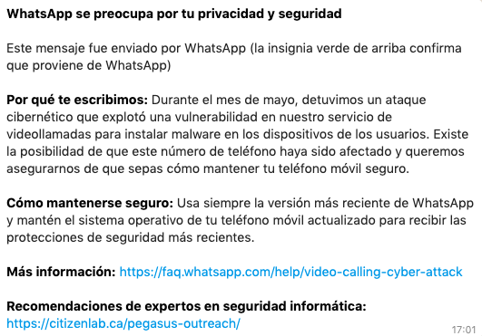 Mensaje de Whatsapp recibido por los afectados.