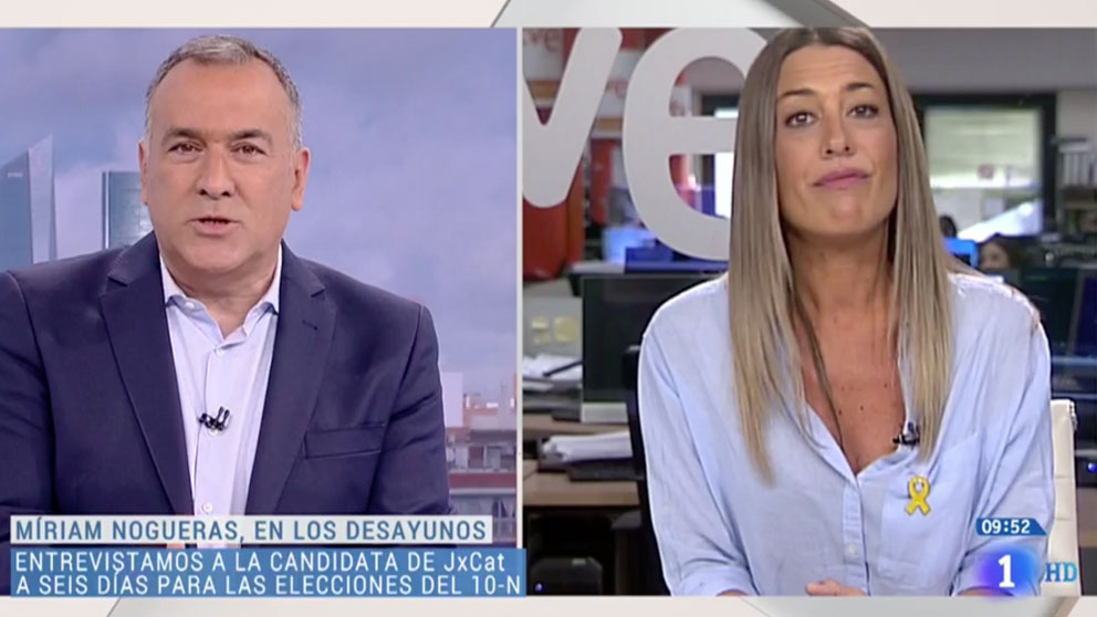 La candidata de JxCat a las elecciones, Miriam Nogueras, durante su entrevista en TVE.