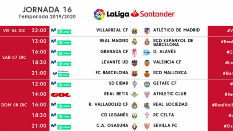 Horarios para la Jornada 16 (LaLiga)