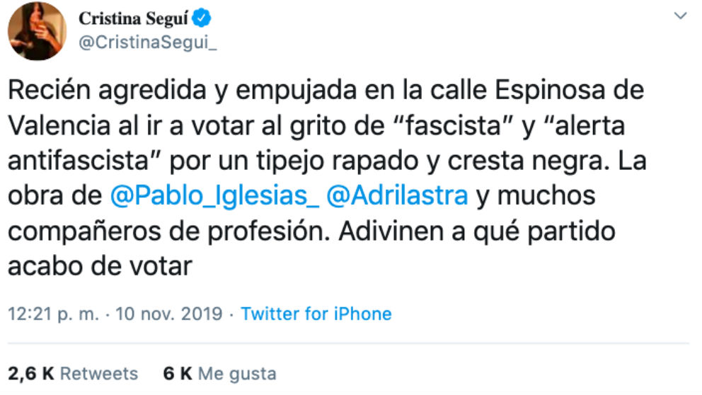El tuit de Cristina Seguí denunciando la agresión.